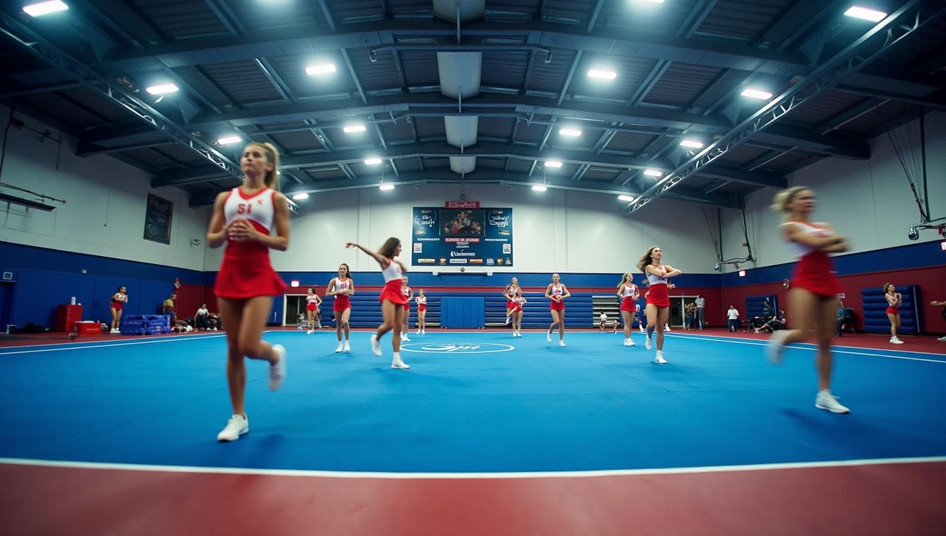 Competitive cheer team practicing at a gym